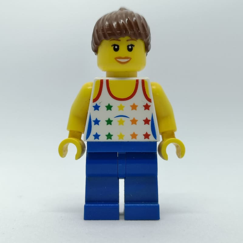 Woman, White Vest with Stars, Blue Legs, Reddish Brown Hair