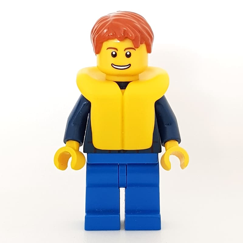 Man, Dark Blue Plaid Shirt, Blue Legs, Dark Orange Hair, Yellow Life Vest