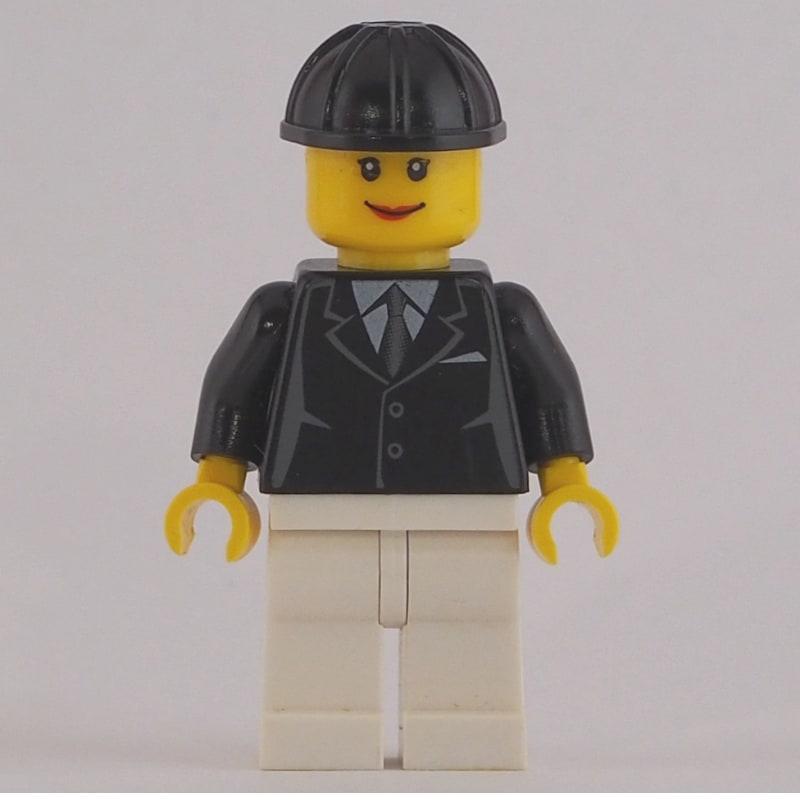 Woman, Black Jacket with Tie, White Legs, Black Hard Hat