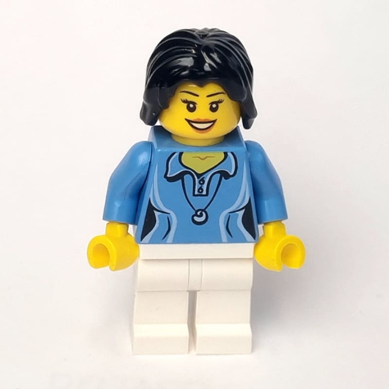 Woman, Medium Blue Polo Shirt with Necklace, White Legs, Black Hair