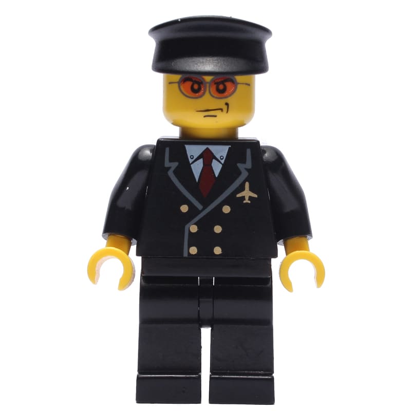 Pilot, Black Suit with Tie and Airplane Badge, Black Hat, Orange Sunglasses