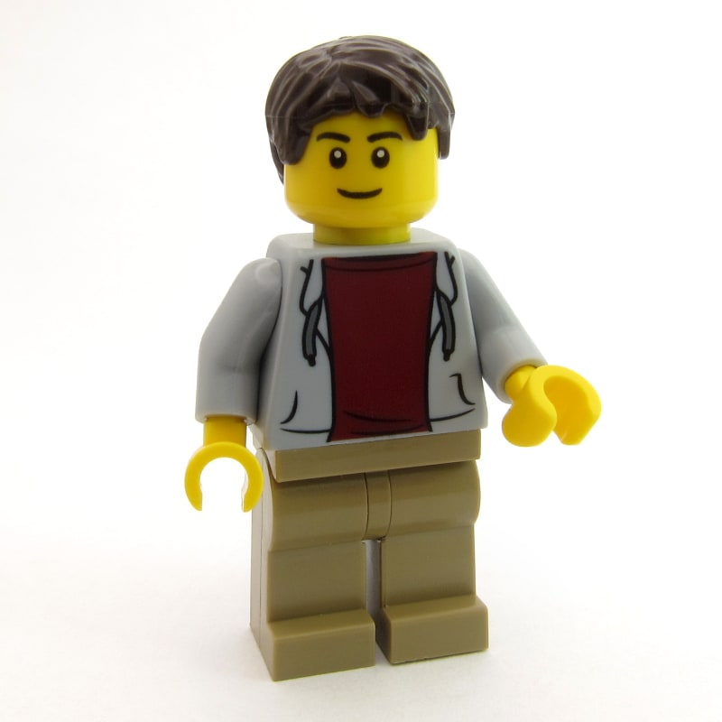 Man, Open Light Bluish Gray Hoodie over Dark Red Shirt, Dark Tan Legs, Dark Brown Hair