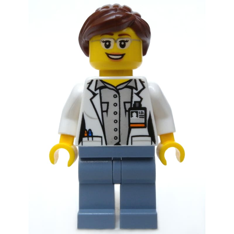 Volcano Explorer Scientist, Woman, Open White Lab Coat, Sand Blue Legs, Reddish Brown Hair, Glasses