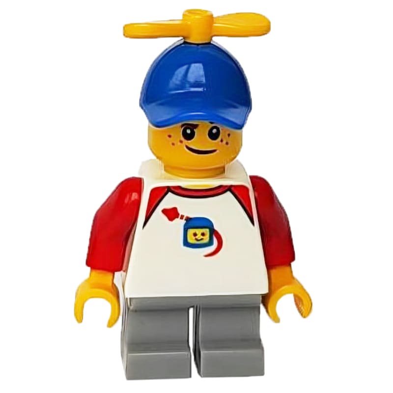 Boy, Classic Spaceman on Shirt, Short Light Bluish Gray Legs, Blue Cap with Propeller