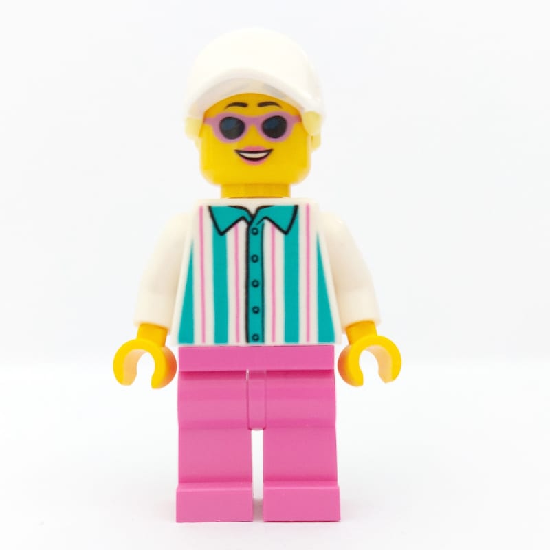 Woman, White and Dark Turquoise Striped Shirt, Dark Pink Legs, White with Hair