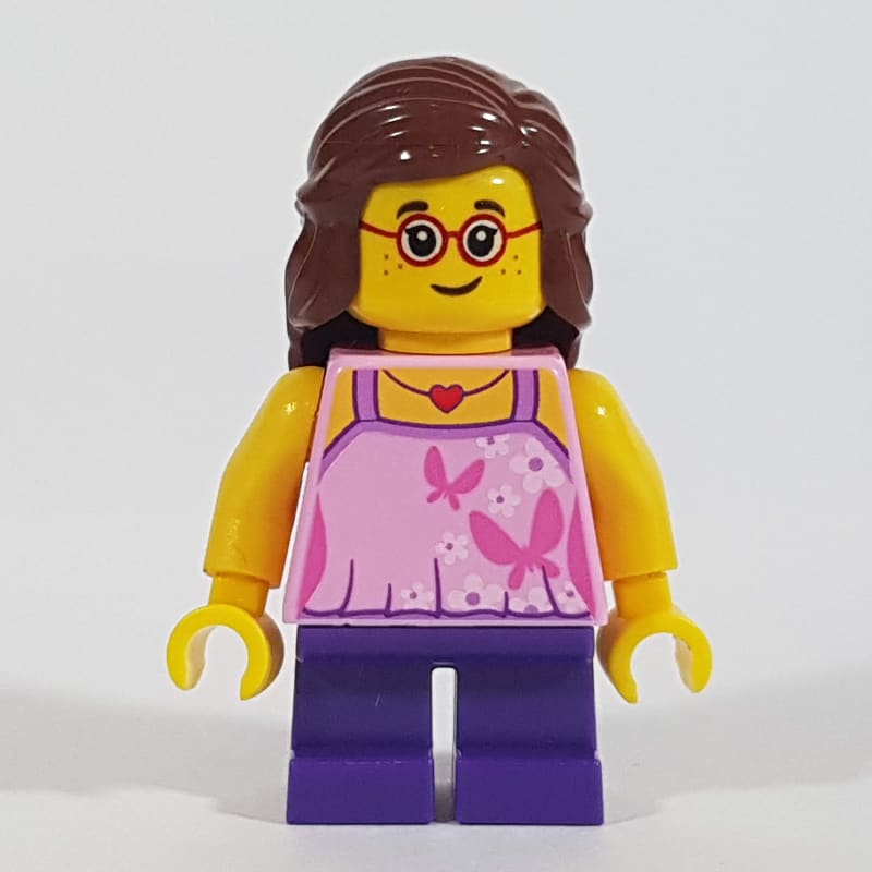 Girl, Bright Pink Top with Butterflies, Dark Purple Legs, Reddish Brown Hair, Glasses