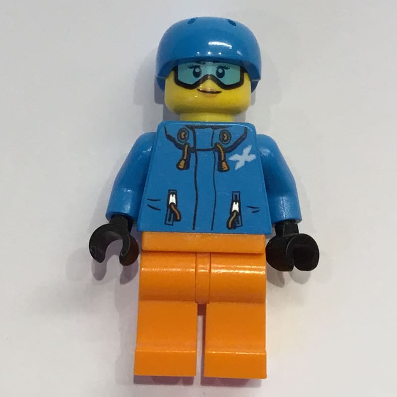 Woman, Dark Azure Ski Jacket, Orange Legs, Dark Azure Helmet, Snow Goggles