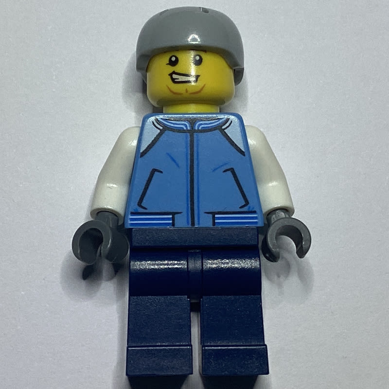 Man, Bright Light Blue Letterman Jacket, Dark Blue Legs, Light Bluish Gray Helmet