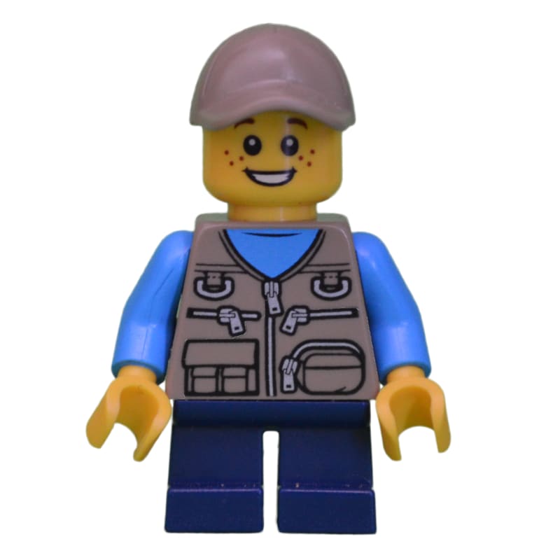 Boy, Dark Tan Vest with Zippers and Pouches, Short Dark Blue Legs, Dark Tan Cap