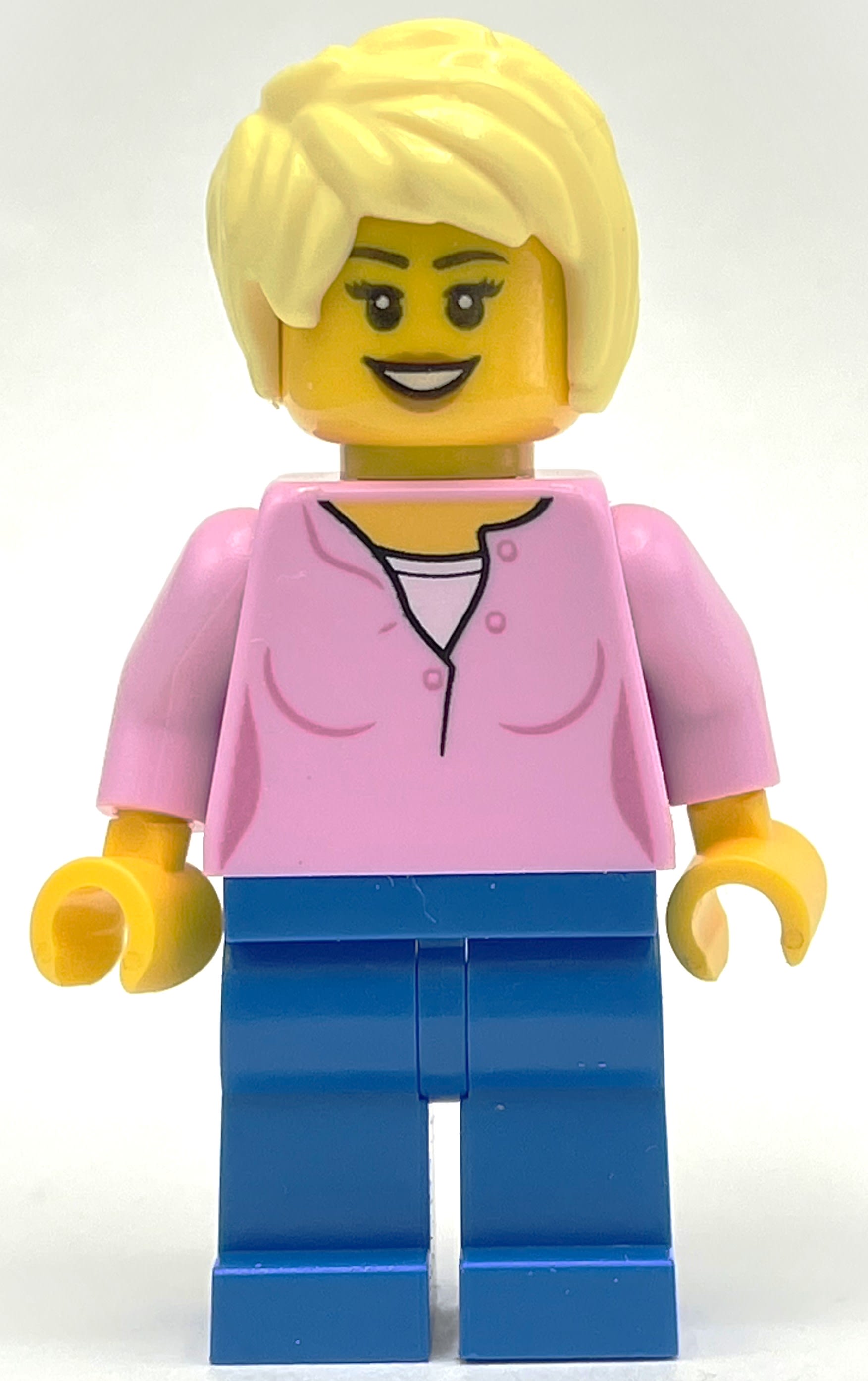 Woman, Bright Pink Top, Blue Legs, Bright Light Yellow Hair