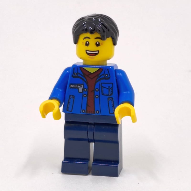 Man, Open Blue Jacket over Dark Red Shirt, Dark Blue Legs, Black Hair