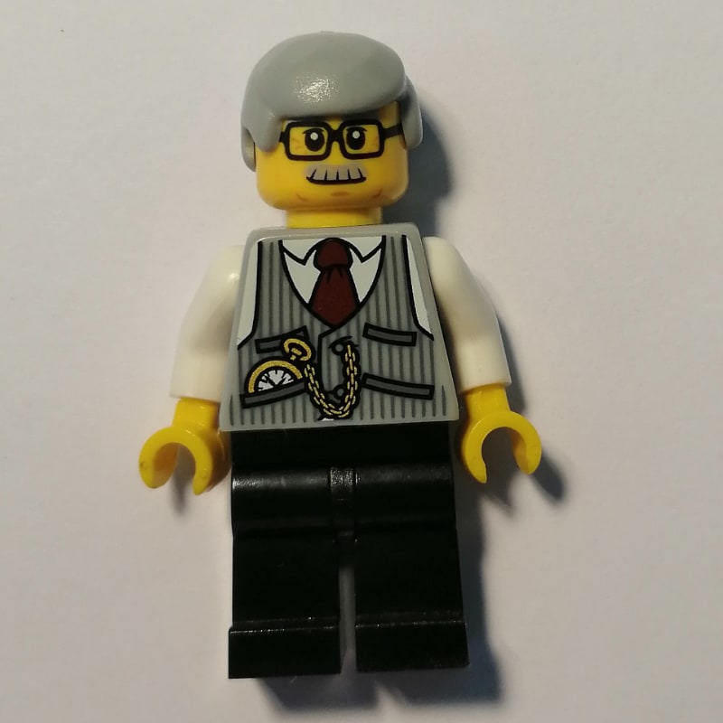 Man, Light Bluish Gray Vest over White Shirt, Black Legs, Light Bluish Gray Hair, Moustache and Glasses
