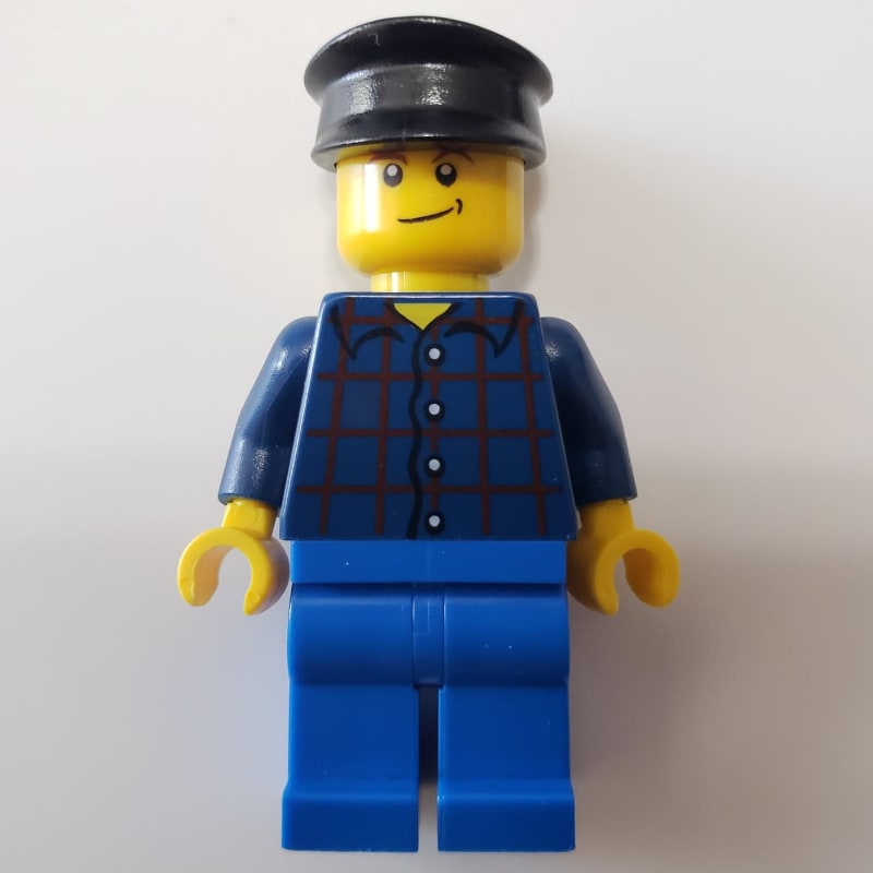 Man, Dark Blue Plaid Shirt, Blue Legs, Black Hat