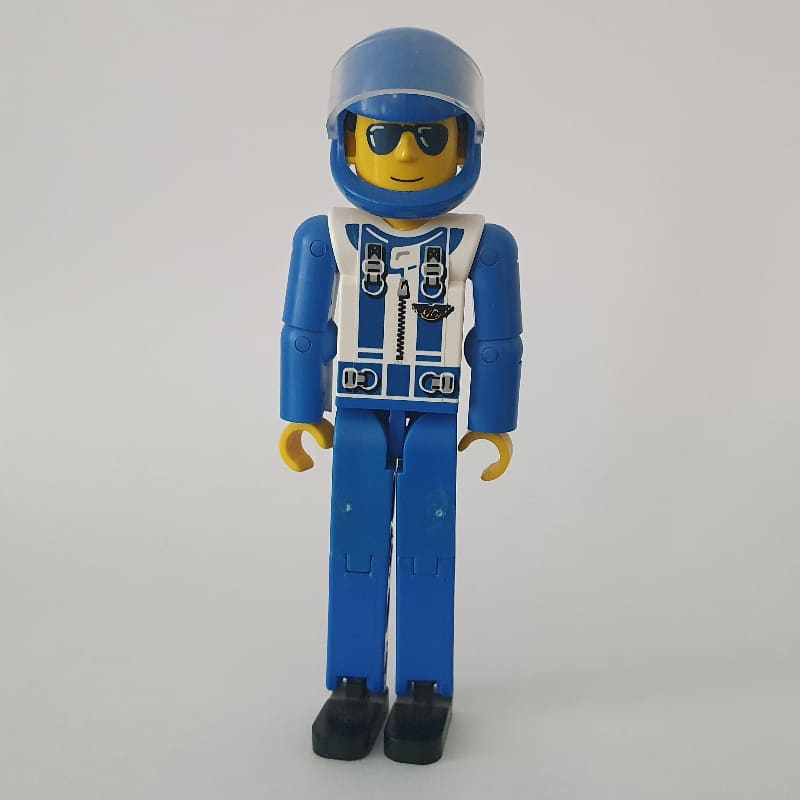 Technic Figure Blue Legs, White Top with Zip & Shoulder Harness Print, Blue Arms - Blue Helmet