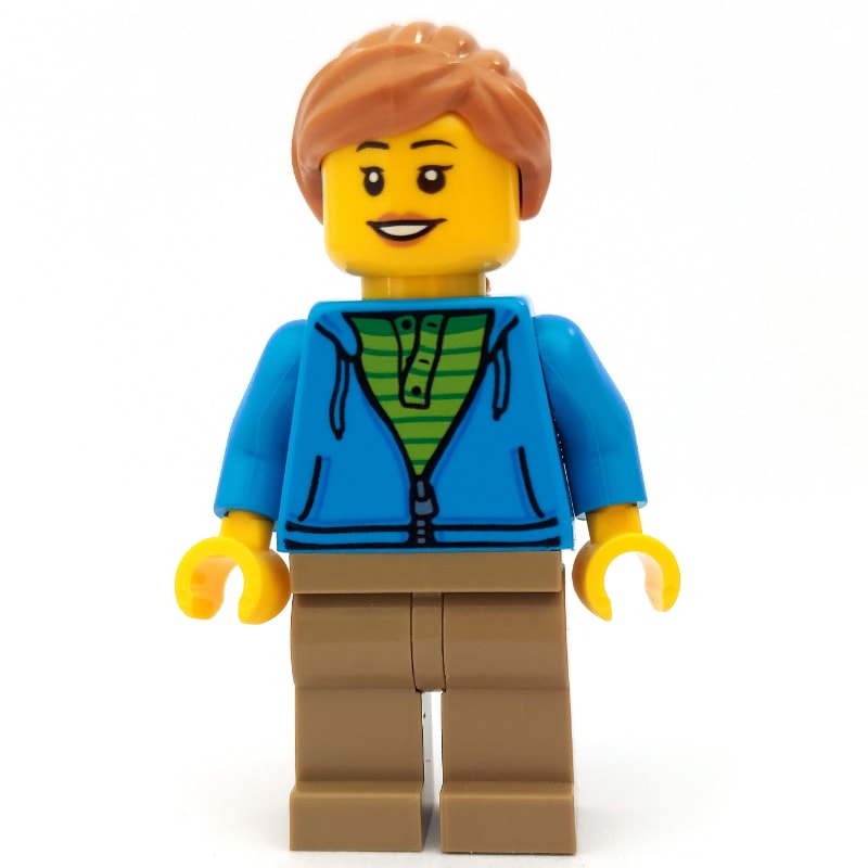 Woman, Open Dark Azure Hoodie over Lime Shirt, Dark Tan Legs, Medium Nougat Hair, Hearing Aid