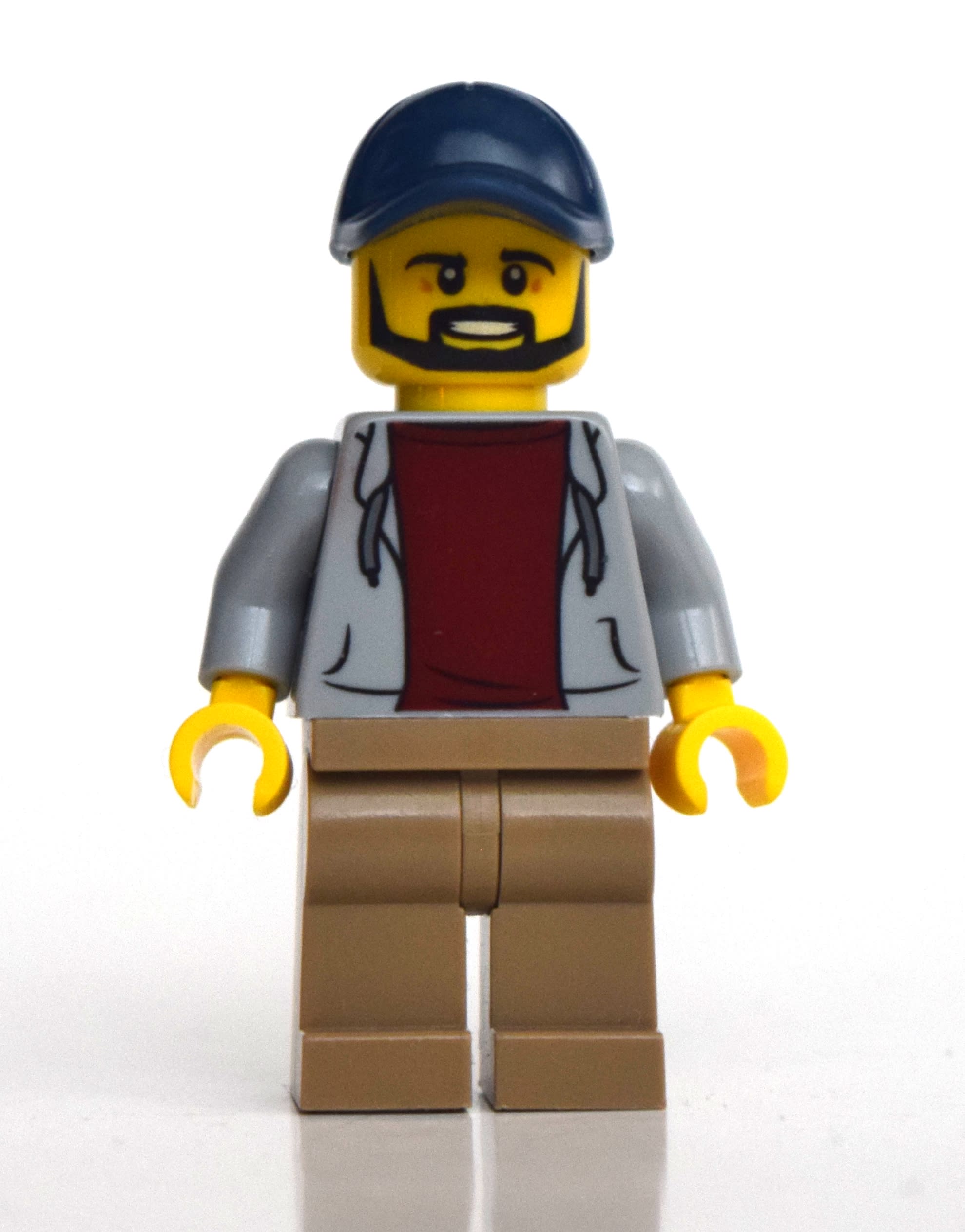 Man, Light Bluish Gray Open Hoodie, Dark Tan Legs, Dark Blue Cap, Beard