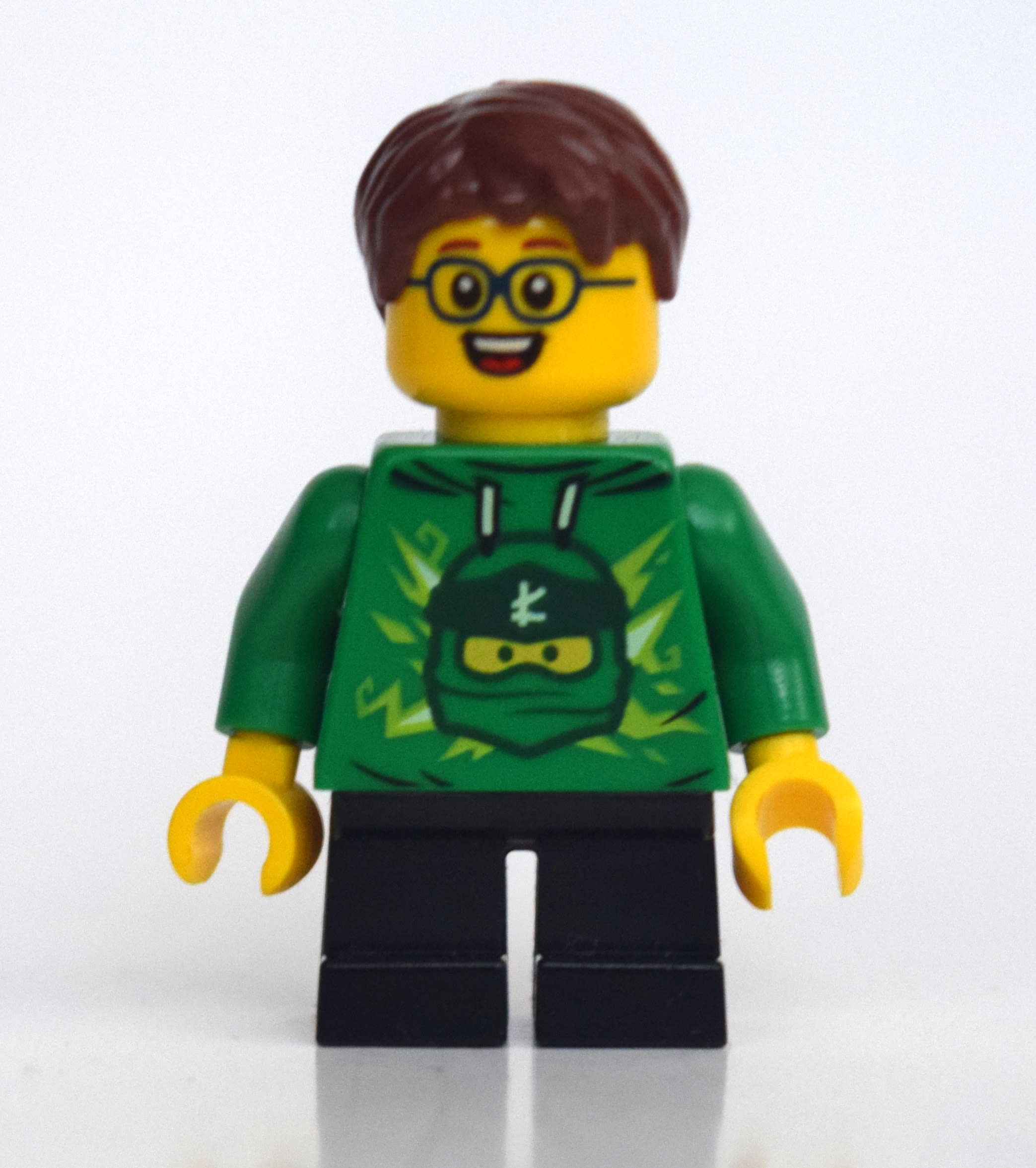 Boy, Green Ninjago Hoodie, Short Black Legs, Reddish Brown Hair, Glasses