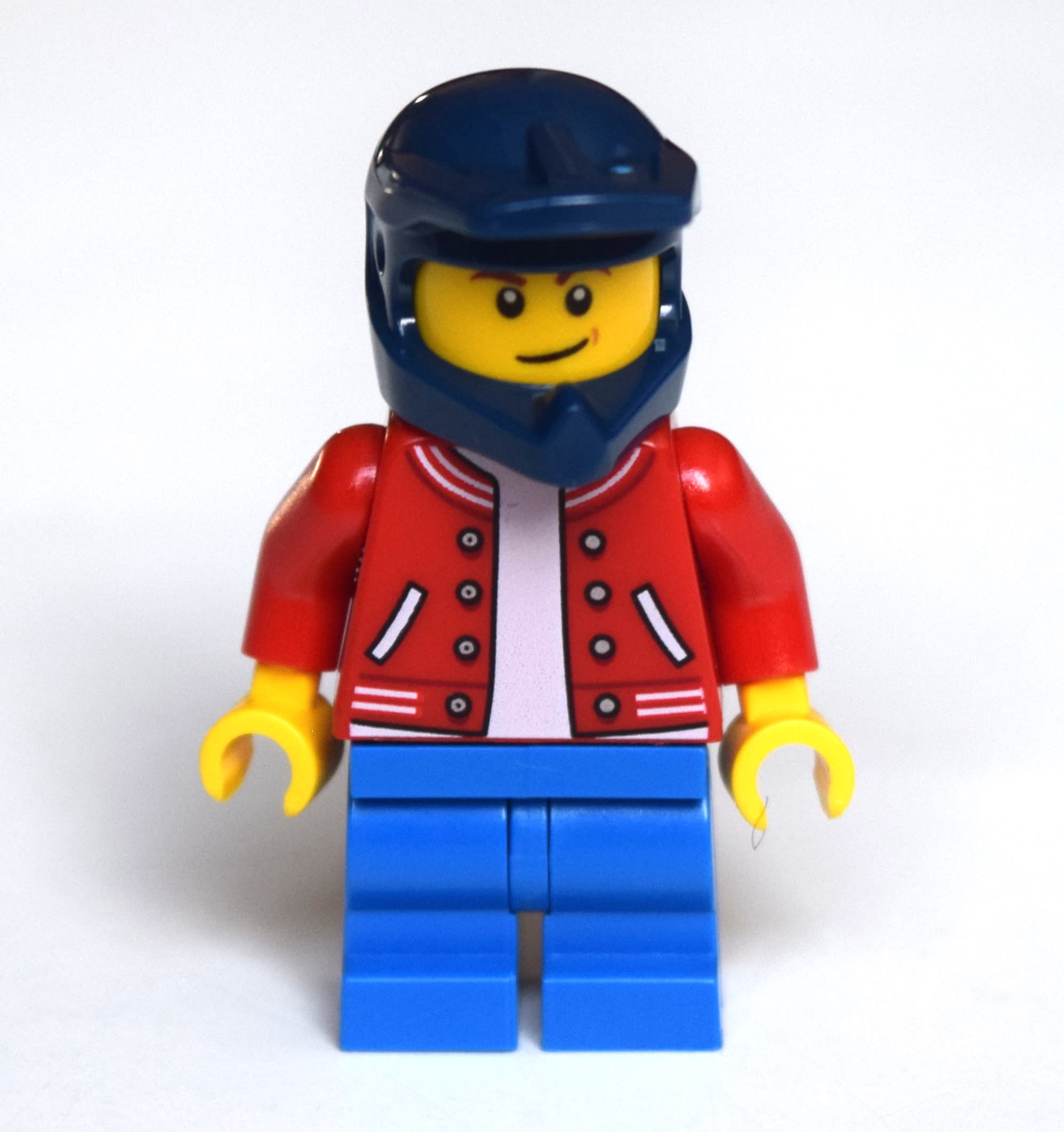Boy, Red Letterman Jacket, Blue Medium Legs, Dark Blue Dirt Bike Helmet