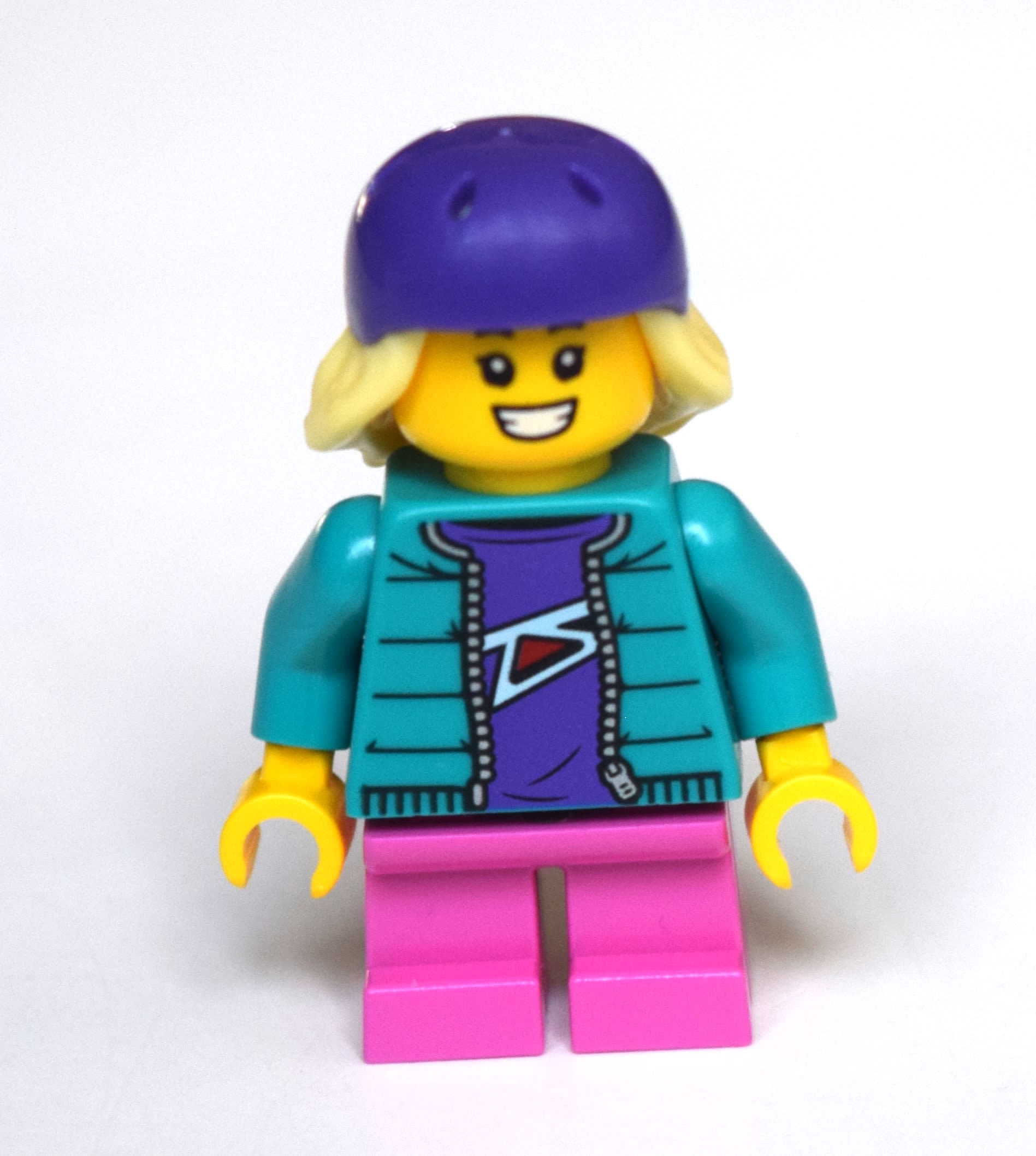 Girl, Dark Turquoise Jacket, Short Dark Pink Legs, Dark Purple Bike Helmet