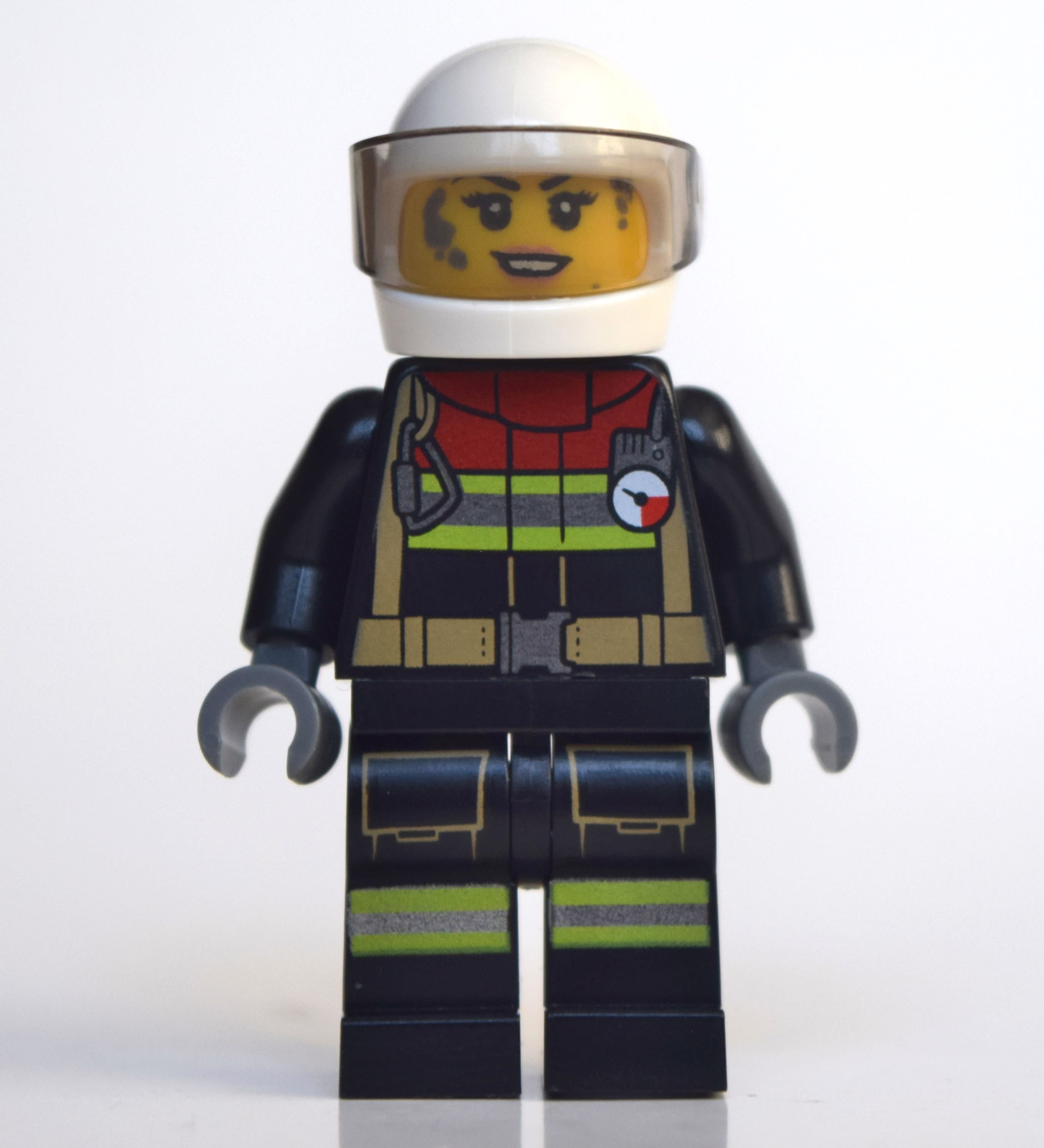 Firewoman, Firesuit with Straps and Gauge, White Helmet with Visor, Dirty Face
