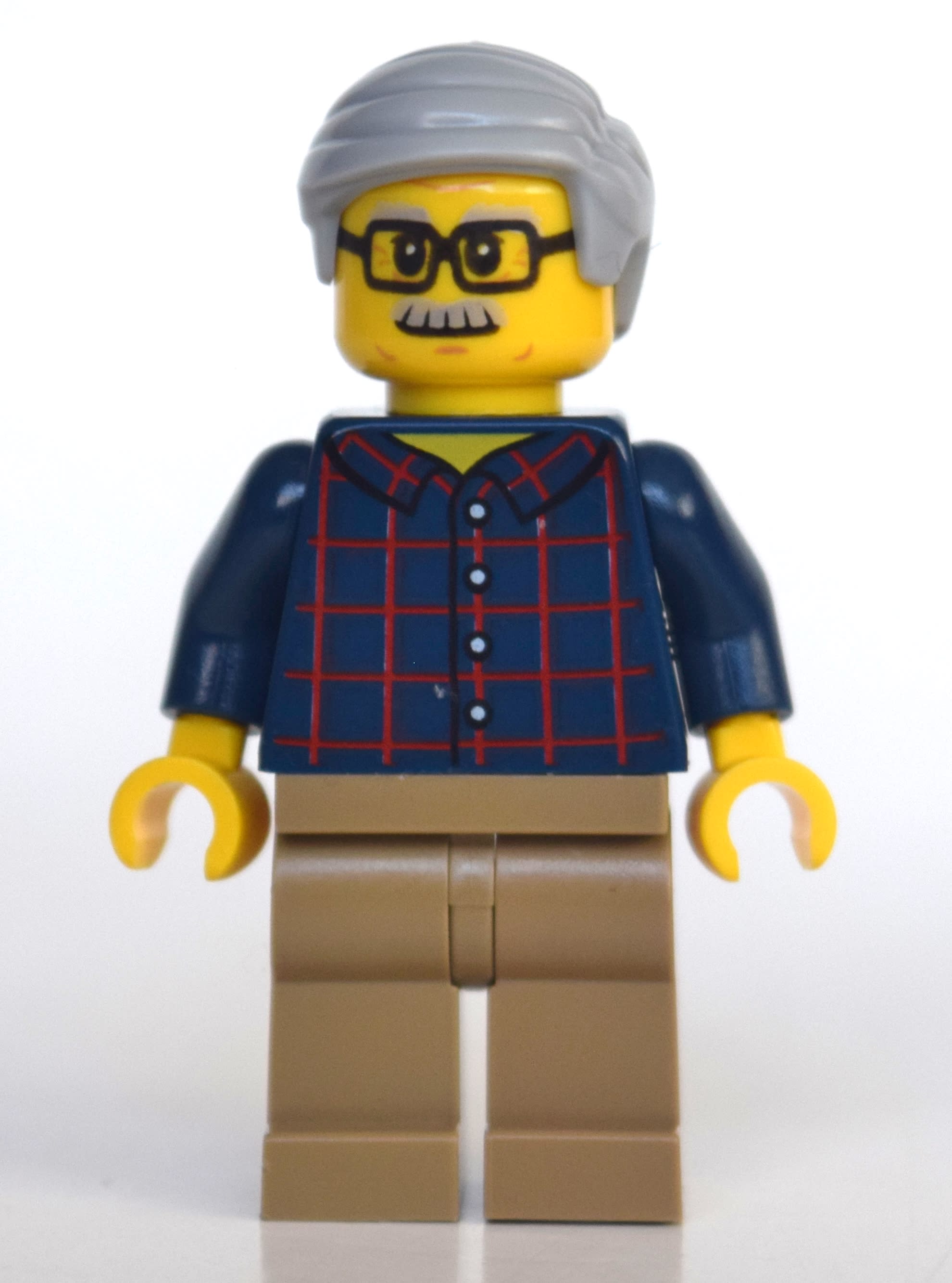 Man, Dark Blue Plaid Shirt, Dark Tan Legs, Light Bluish Gray Hair and Moustache, Glasses