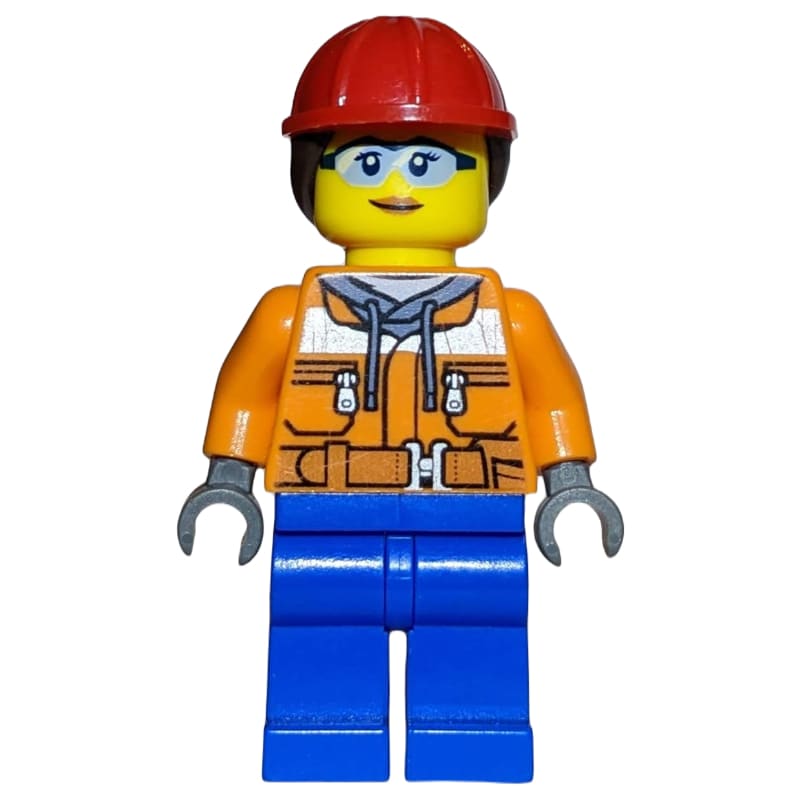 Construction Worker, Woman, Orange Safety Jacket, Blue Legs, Ponytail with Red Hard Hat