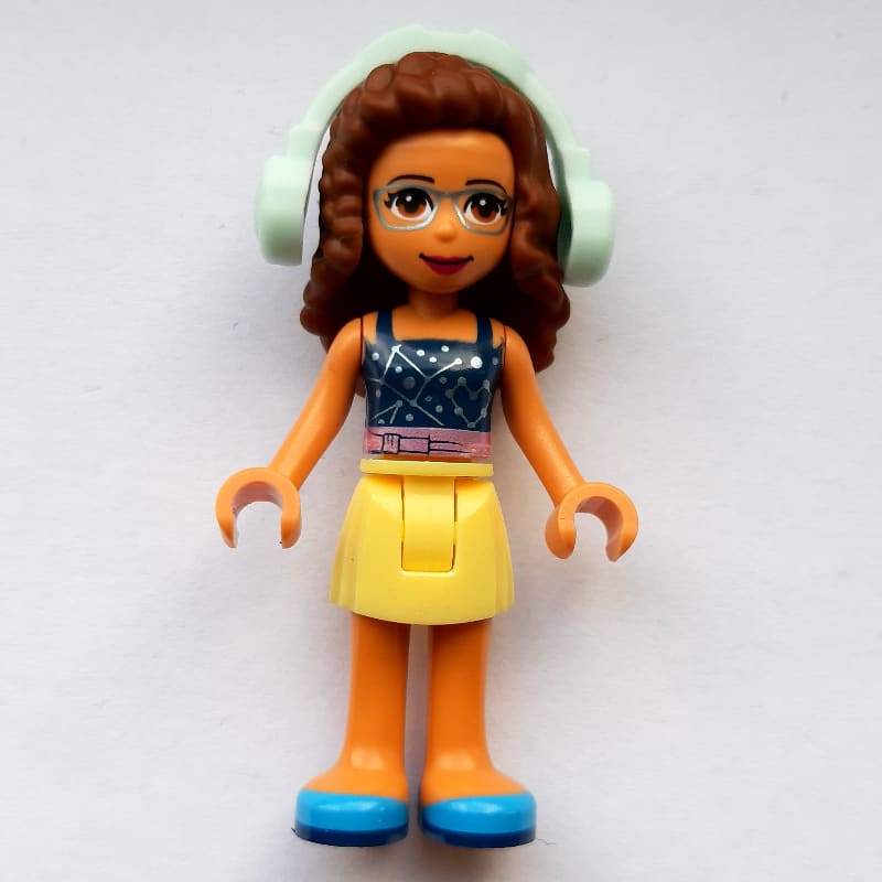 Olivia - Dark Blue Top, Bright Light Yellow Skirt, Light Aqua Headphones