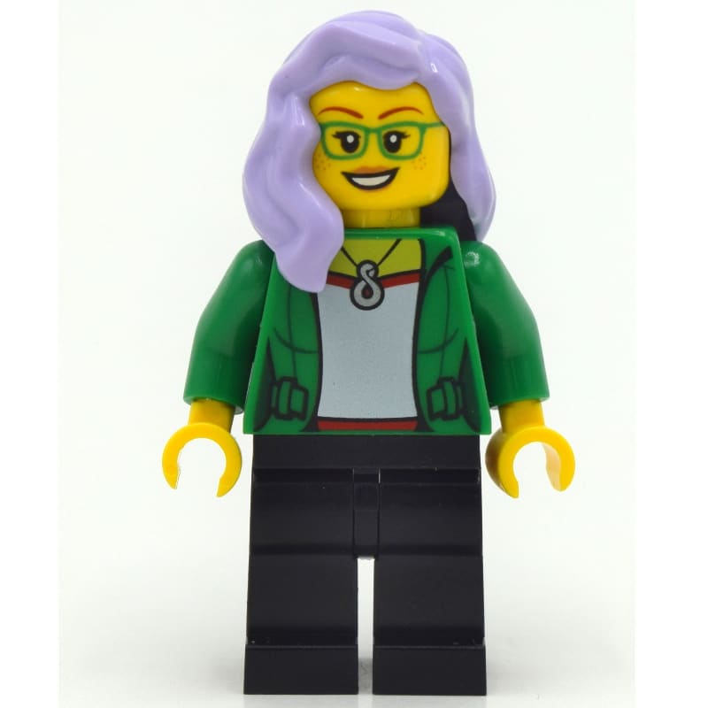Woman, Open Green Jacket, Black Legs, Lavender Hair