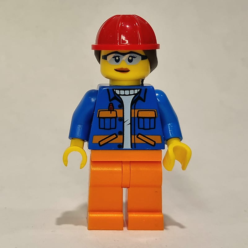 Construction Worker, Blue Jacket, Orange Legs, Red Helmet