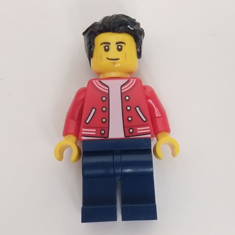 Man, Red Letterman Jacket, Dark Blue Legs