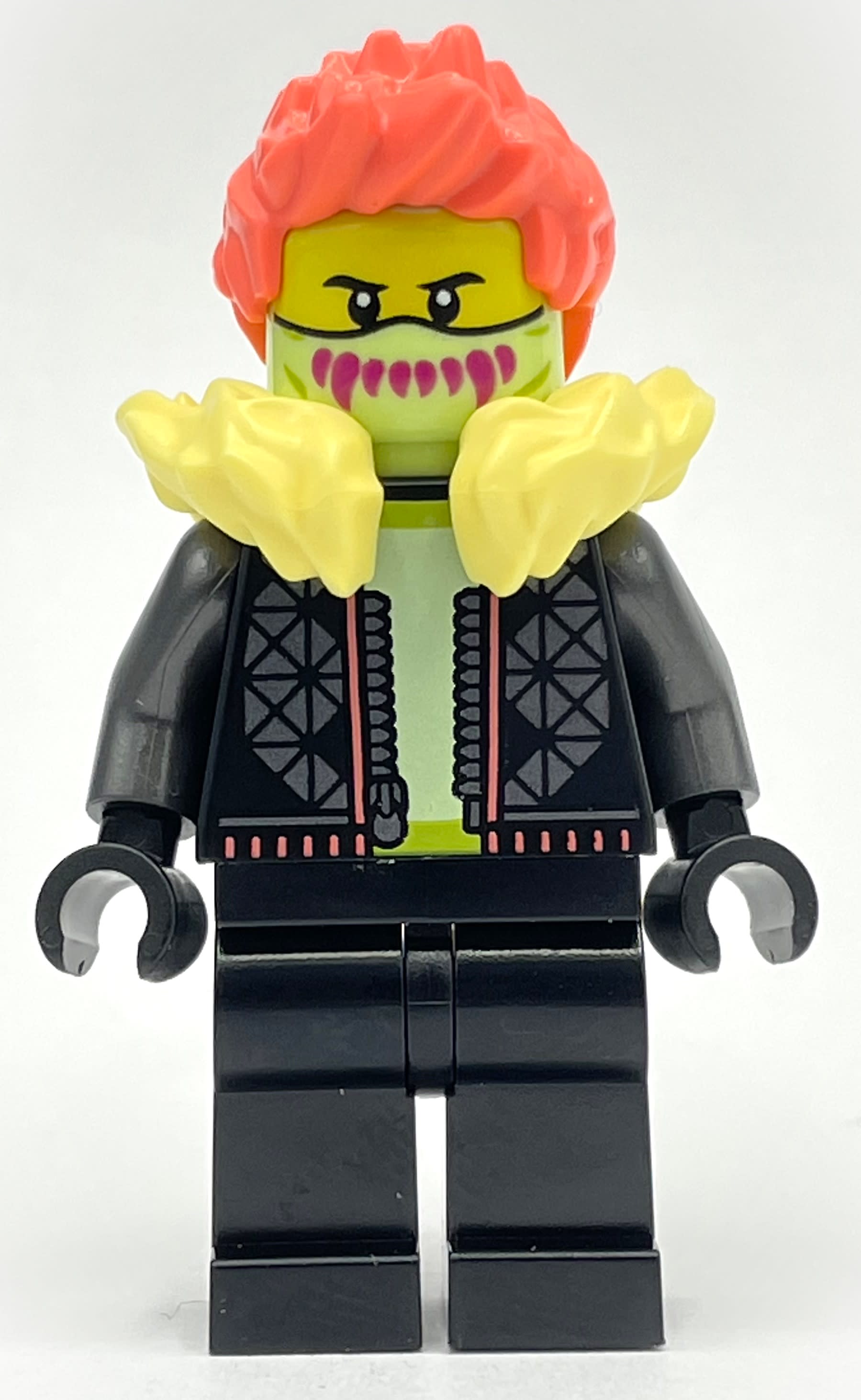 Black Torso, Black Legs, Bright Light Yellow Fur Collar, Coral Hair
