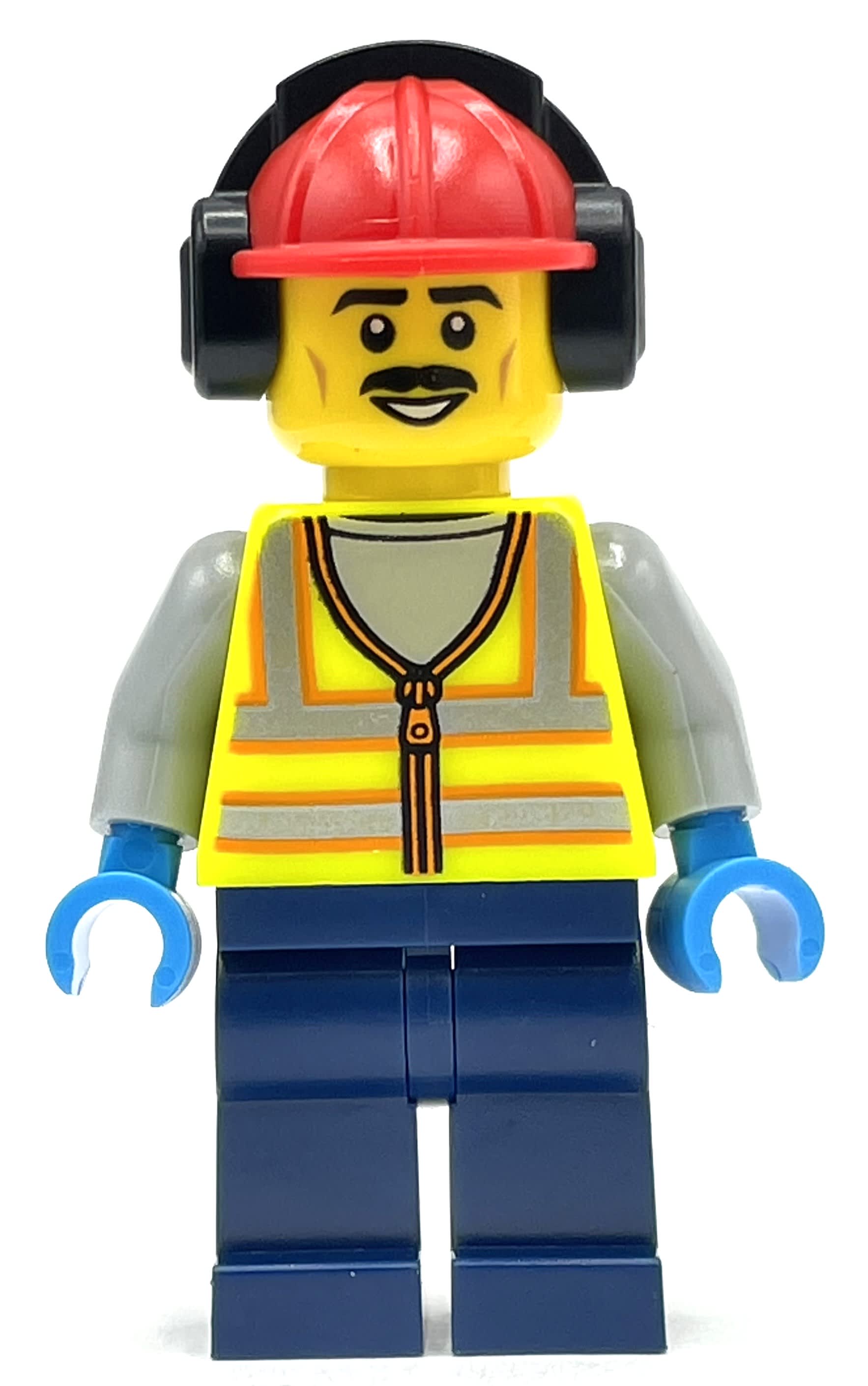 Vibrant Yellow Safety Vest, Dark Blue Legs, Red Hat