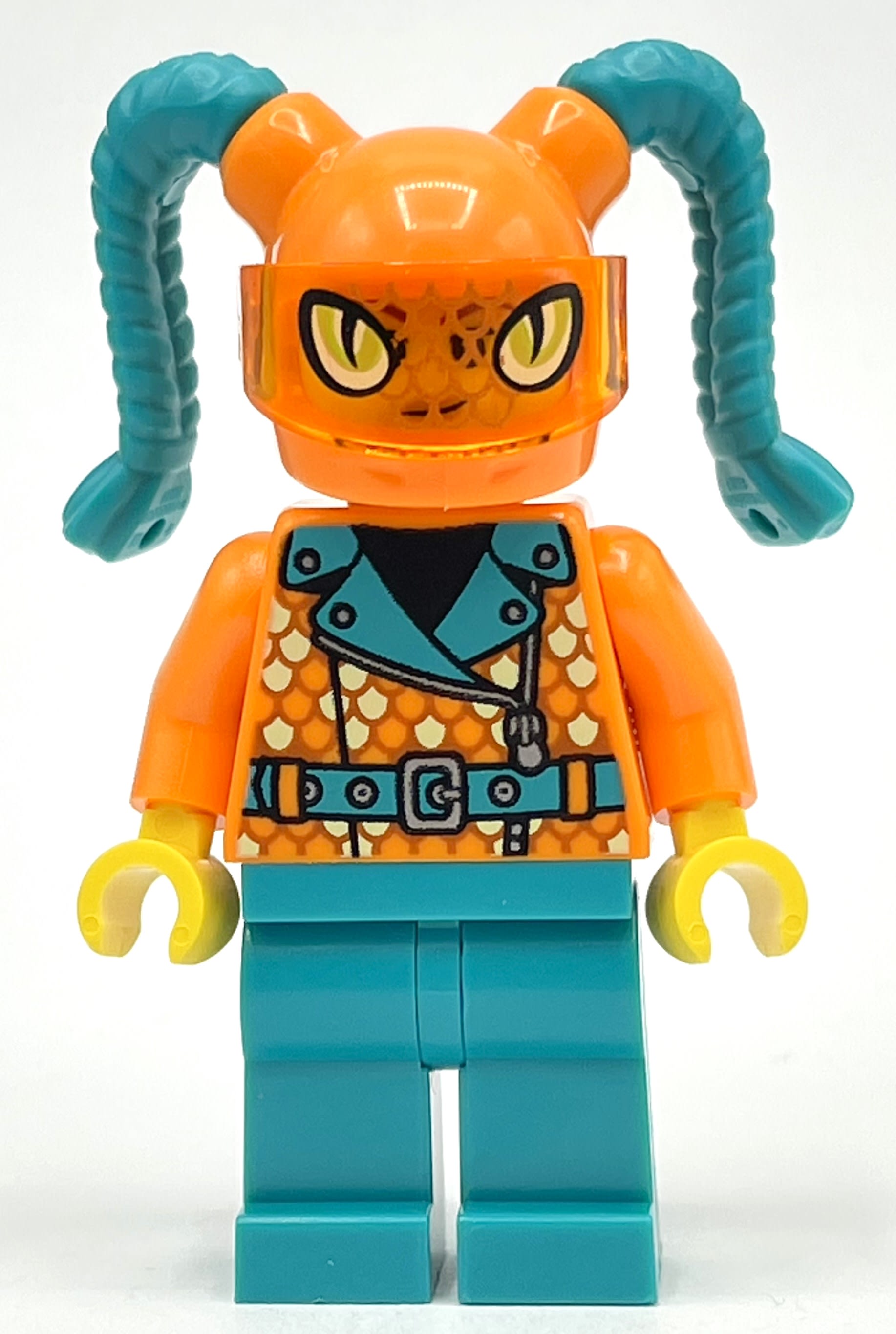 Orange Torso, Dark Turquoise Legs, Orange Helmet with Dark Turquoise Braids