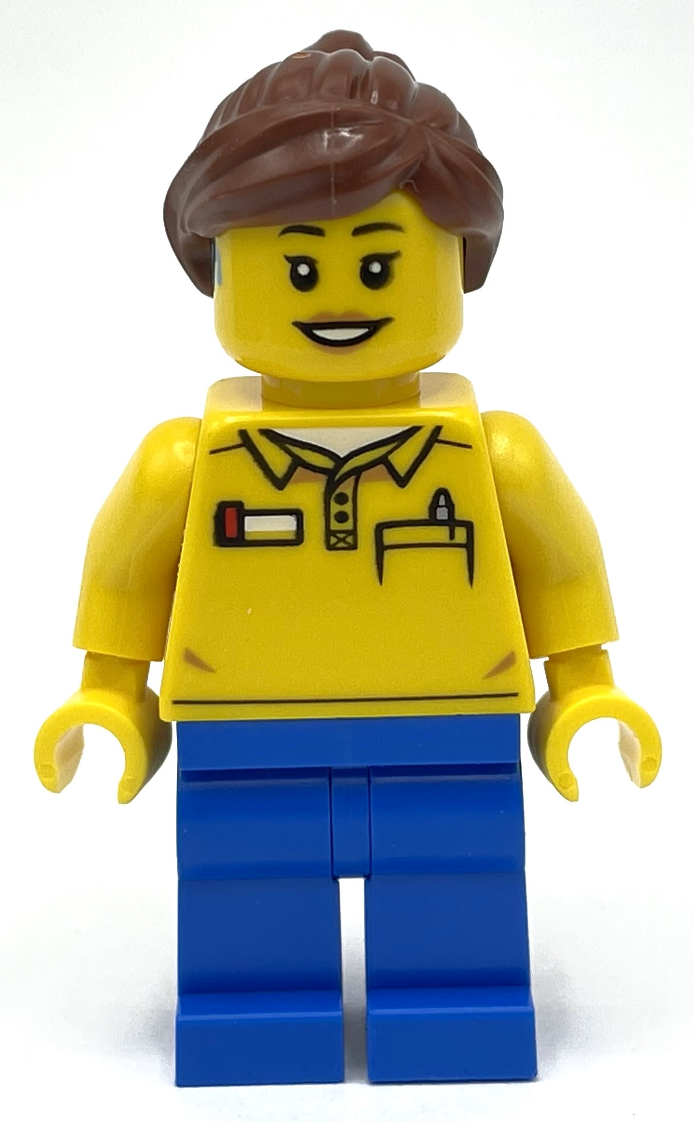 LEGO Employee, Yellow Torso, Blue Legs, Reddish Brown