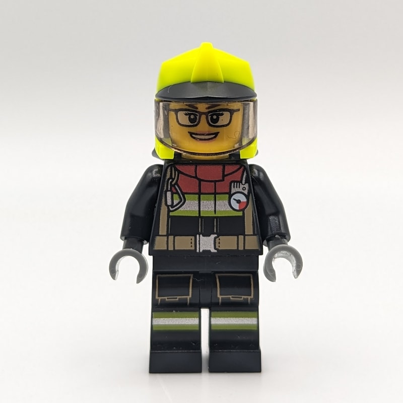 Firefighter, Black Suit, Vibrant Green Helmet with Visor, Glasses