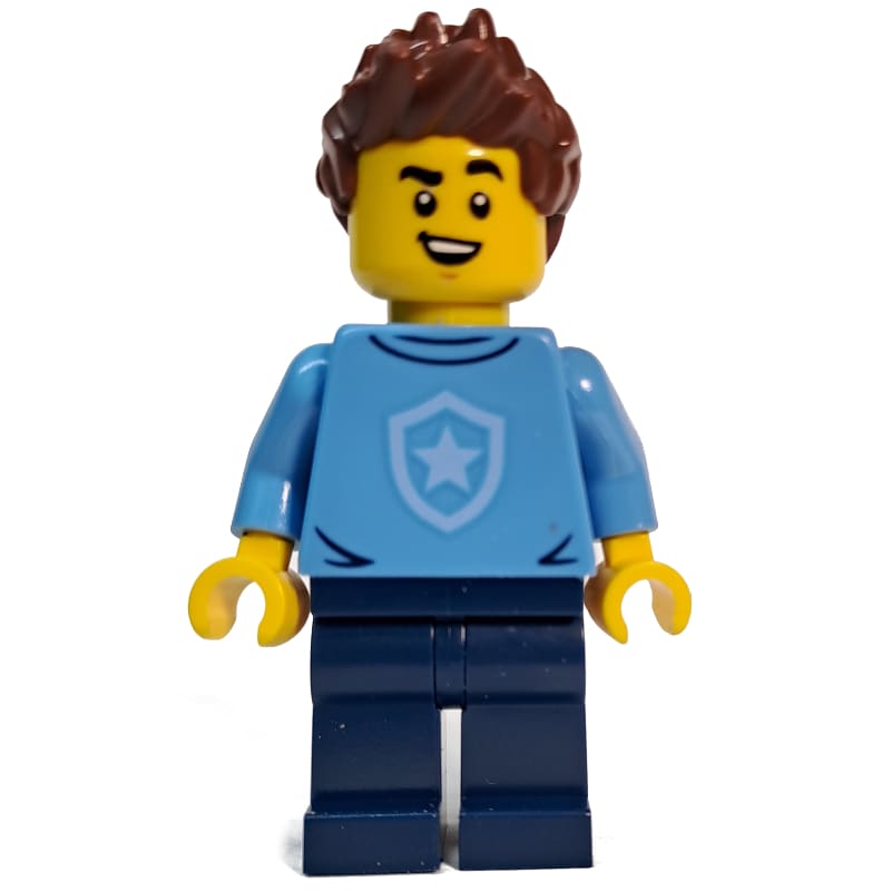 Police Officer, Sweater with Police Badge, Spiked Reddish Brown Hair