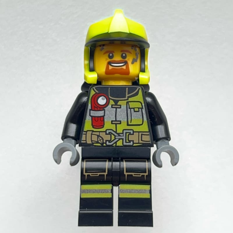 Firefighter, Black Fire Suit with Red Flashlight, Vibrant Yellow Helmet