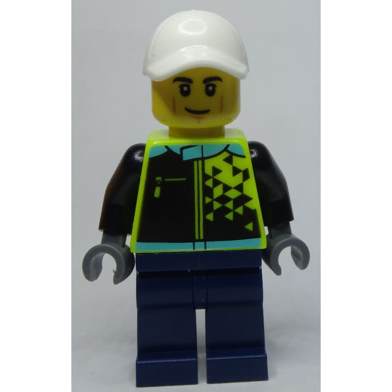 Racer, Vibrant Yellow and Dark Blue Race Suit, White Cap