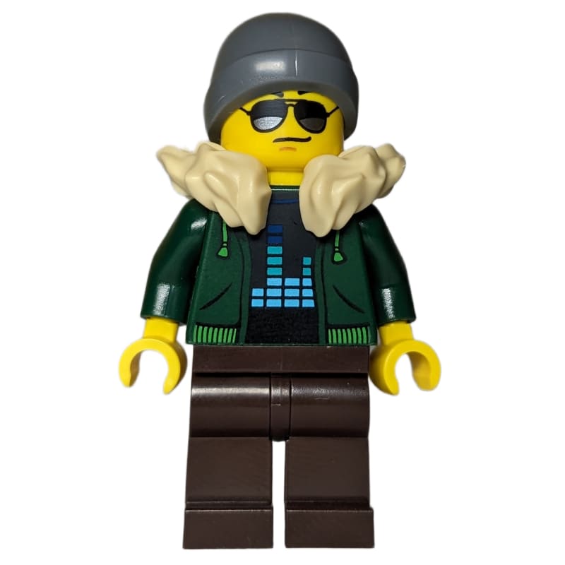 Dark Green Torso, Dark Brown Legs, Tan Collar, Dark Bluish Grey Beanie