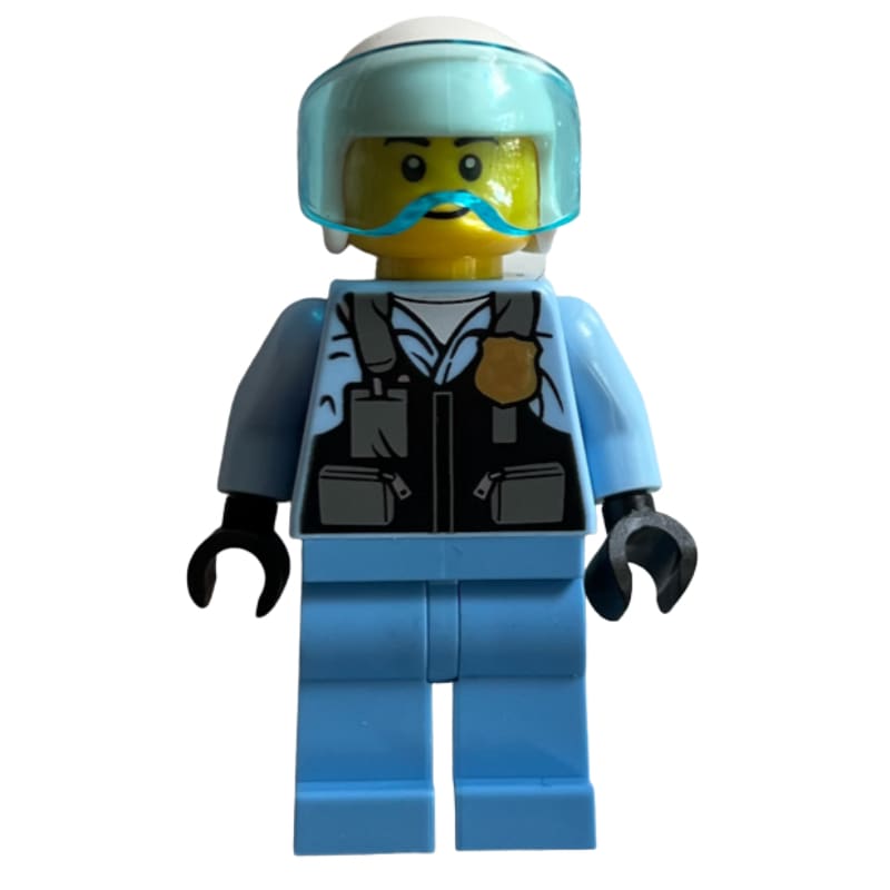 Policeman, Pilot, Black Vest with Badge and Pouches, White Helmet with Visor