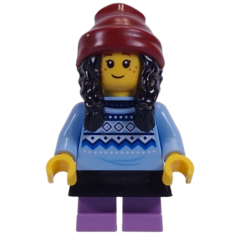 Kid, Bright Light Blue Torso, Black Dress, Medium Lavender Legs, Dark Red Beanie
