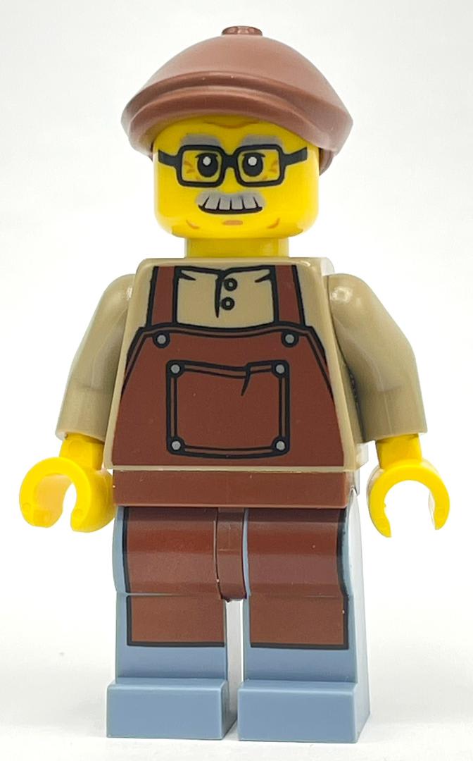 Man, Dark Tan Shirt with Reddish Brown Apron, Glasses and Moustache, Reddish Brown Hat