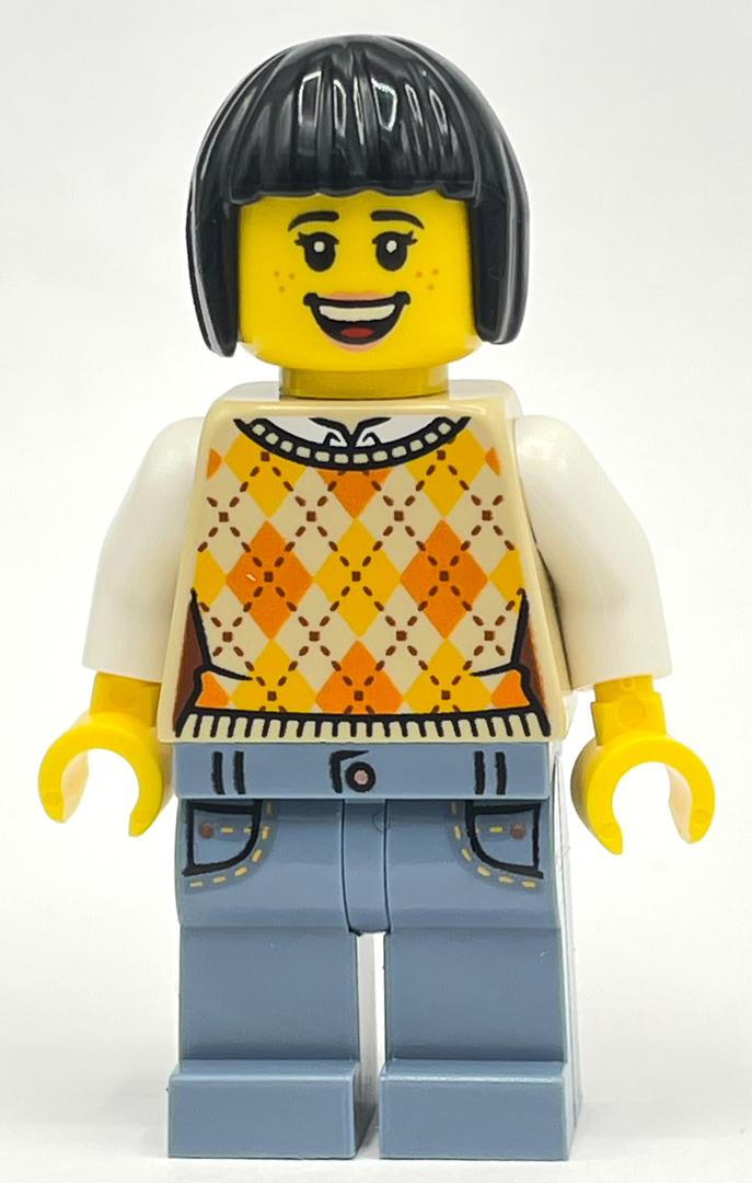 Woman, Tan Sweater Vest, Sand Blue Legs, Black Hair