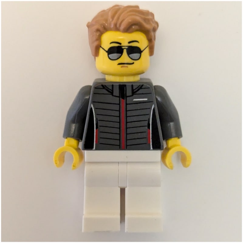 Race Driver - Dark Bluish Grey Torso, White Legs, Medium Nougat Hair