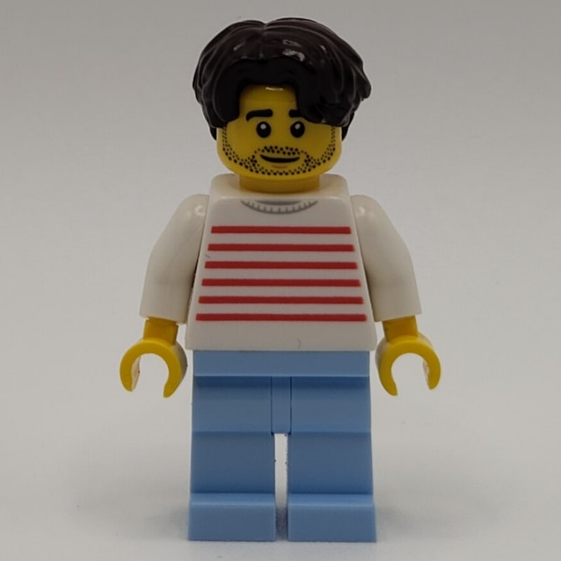 White Striped Torso, Bright Light Blue Legs, Dark Brown Hair