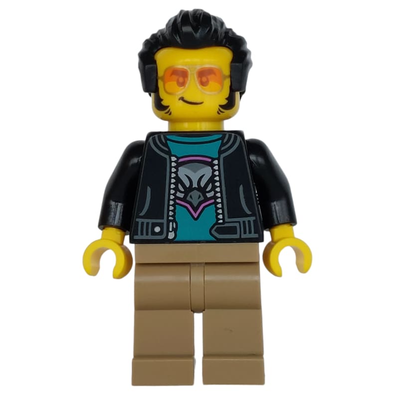 Man, Black Jacket, Dark Tan Legs, Sunglasses
