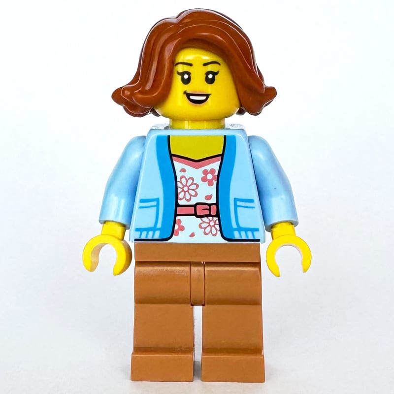 Woman, Bright Light Blue Cardigan, Medium Nougat Legs