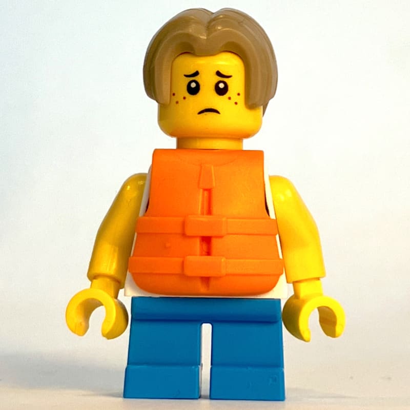Kid, White Torso, Dark Azure Legs, Dark Tan Hair, Orange Life Vest