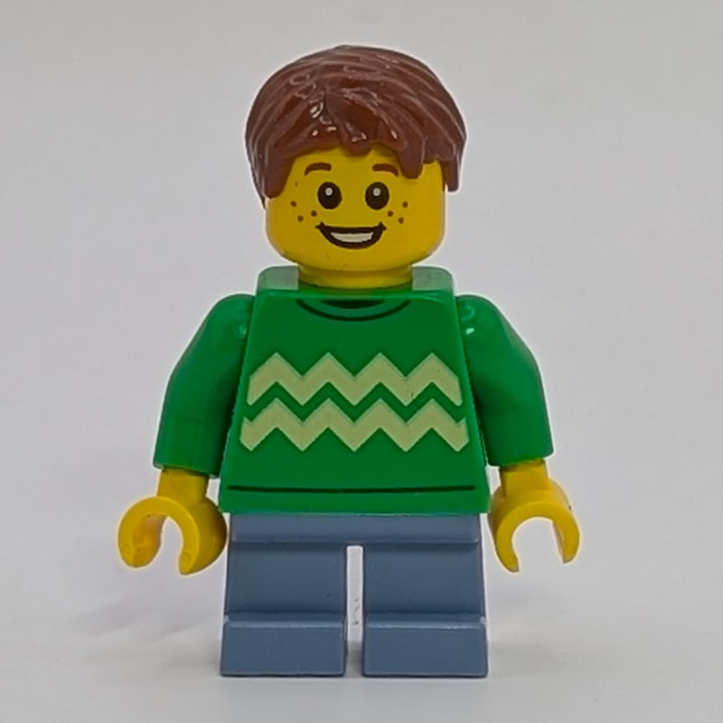 Boy, Bright Green Sweater, Short Sand Blue Legs