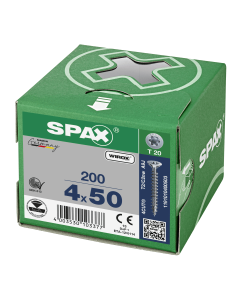 Spax Spaanplaatschroef 4x50mm platverzonken kop verzinkt T-Star T20 (per 200 stuks)